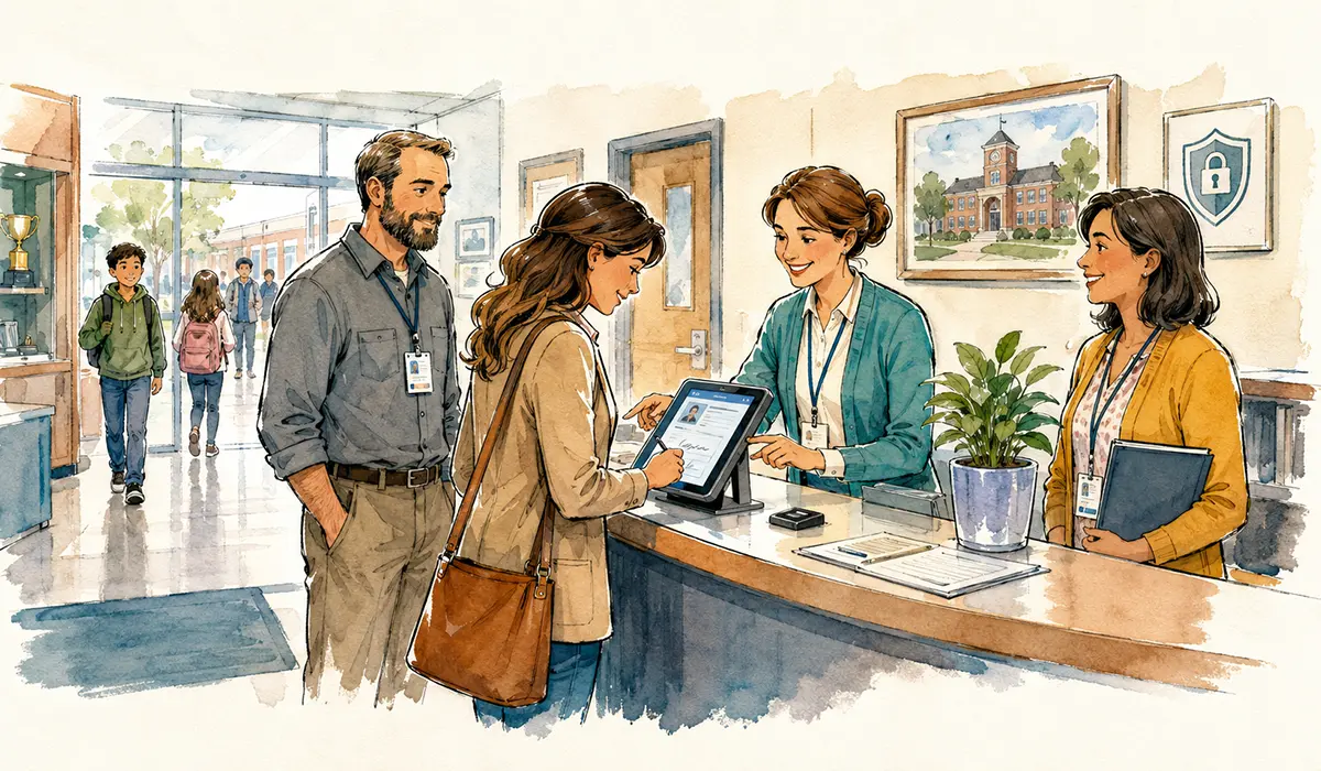 School visitor management system with digital visitor check-in at reception