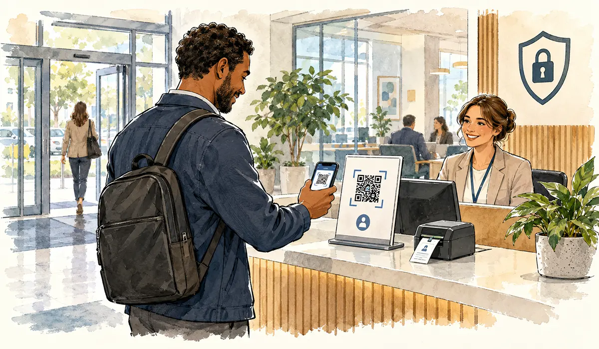 Visitor using QR code visitor sign-in at a workplace reception